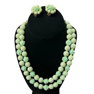 Vintage Japan Sugar Bead 2-Strand Necklace Earring Set Mint Green Floral MCM